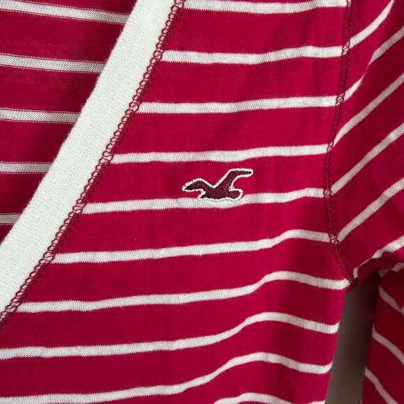 Y2K Hollister Pink White Stripe 1/2 Sleeve V-Neck Tee Womens L Vintage 2000s - Picture 4 of 6